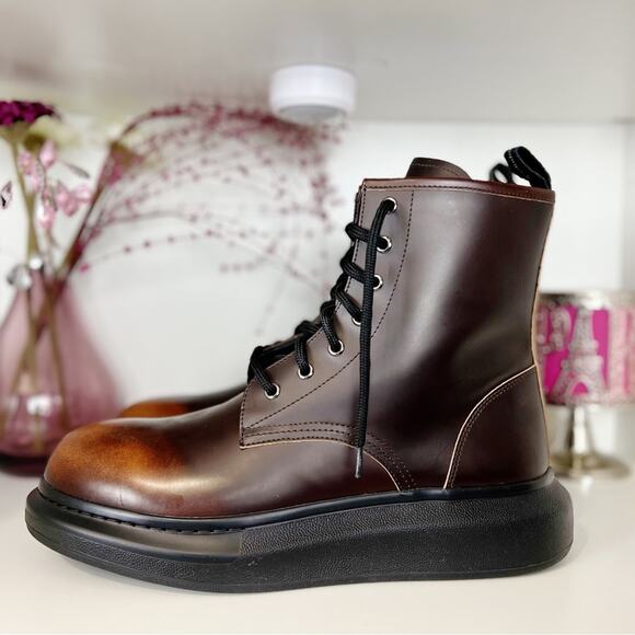 Alexander McQueen Plain Toe Combat Boots Brown Burnt Orange Leather Men Size 9.5 - Picture 1 of 13
